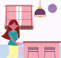 persone che cucinano, ragazza con ciotola sedie lampada da soffitto e finestra in cucina vettore