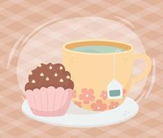 ora del tè, tazza e cupcake dolce nel design del piatto vettore
