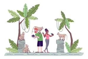 turisti che scattano foto piatto doodle illustrazione. coppia che fotografa primati. foresta delle scimmie. vacanza nel paese tropicale. personaggio dei cartoni animati 2d turismo indonesia con contorno per uso commerciale vettore