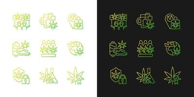 icone gradiente di utilizzo di cannabis impostate per la modalità scura e chiara. cultura della marijuana. uso ricreativo. pacchetto di simboli di contorno a linea sottile. raccolta di illustrazioni vettoriali isolate su bianco e nero