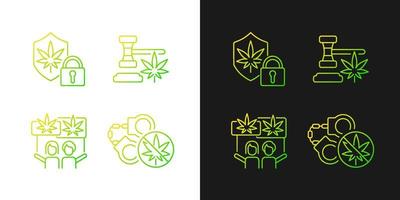 legalità delle icone del gradiente di cannabis impostate per la modalità scura e chiara. dispensario di marijuana. pacchetto di simboli di contorno a linea sottile. raccolta di illustrazioni vettoriali isolate su bianco e nero