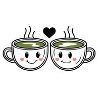 verde tè tazza coppia sorridente cartone animato illustrazione vettore