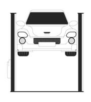 auto su ascensore nero e bianca 2d linea cartone animato oggetto. attrezzatura per auto diagnostico nel servizio negozio isolato schema elemento. veicolo riparazione tecnologia monocromatico piatto individuare illustrazione vettore