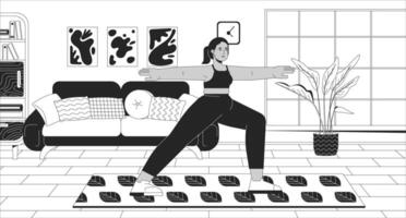 mezzo orientale formosa donna fare yoga nero e bianca linea illustrazione. allegro arabo femmina con sovrappeso 2d personaggio monocromatico sfondo. casa fitness schema scena Immagine vettore