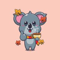 carino koala con caffè nel autunno stagione. portafortuna cartone animato illustrazione adatto per manifesto, opuscolo, ragnatela, mascotte, etichetta, logo e icona. vettore