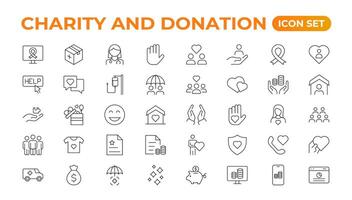 beneficenza e donazione icona impostare. beneficenza e donazione icona impostare, aiuto, volontario, donato assistenza, condivisione, e solidarietà simbolo. solido icone collezione. vettore