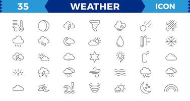 tempo metereologico icone. tempo metereologico previsione icona impostare. nuvole logo. tempo metereologico , nuvole, soleggiato giorno, Luna, fiocchi di neve, sole, piovere, tuono tempesta, rugiada, vento, sole giorno. vettore