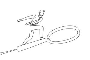 continuo uno linea disegno di uomo d'affari cavalcate un' grande lente d'ingrandimento piace lui è andare con lo skateboard. qualcuno è provando per trova il giusto informazione tra grande dati. singolo linea disegnare design illustrazione vettore