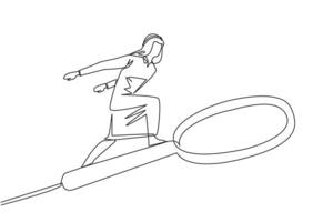 singolo uno linea disegno arabo uomo d'affari cavalcate un' grande lente d'ingrandimento piace lui è andare con lo skateboard. qualcuno è provando per trova il giusto informazione tra grande dati. continuo linea design grafico illustrazione vettore