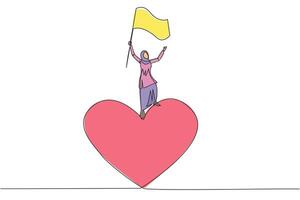 singolo uno linea disegno di giovane riuscito arabo donna d'affari in piedi su gigante simbolo cuore raccolta bandiera di vittoria. donna d'affari con grande cuore fare beneficenza. continuo linea design grafico vettore