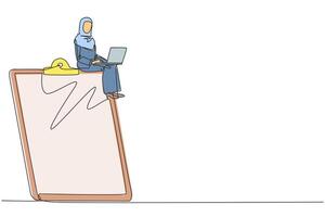 singolo uno linea disegno di arabo donna d'affari seduta su gigante appunti mentre Lavorando su un' il computer portatile computer. creare un' quotidiano opera Piano. concetto di tempo gestione. pianificazione. continuo linea design vettore