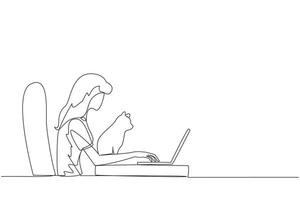 singolo continuo linea disegno di bellissimo donna seduta e abbracciare un' gatto mentre digitando su il computer portatile. il carino gatto è guardare a il il computer portatile schermo. animale amanti. uno linea design illustrazione vettore