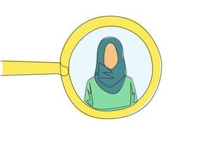 singolo continuo linea disegno di il cerchio di lenti di ingrandimento punti salienti per giovane riuscito arabo donna d'affari. somiglia un avatar per foto su sociale media. vittorioso. uno linea illustrazione vettore
