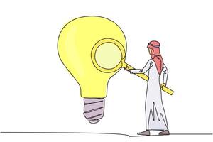 singolo uno linea disegno arabo uomo d'affari si fermò Tenere lente d'ingrandimento e ispezionato grande lampadina. uomo d'affari siamo guardare per nuovo idee, fresco idee e innovazione. continuo linea grafico illustrazione vettore