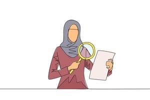 continuo uno linea disegno di arabo donna d'affari detiene pezzo di carta e controlli esso con un' lente d'ingrandimento. donna d'affari opera con ricerca analitica e statistica. singolo linea disegnare illustrazione vettore