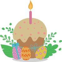 Pasqua torta con colorato uova e un' ardente candela. Pasqua illustrazione di un' carino Pasqua torta per digitale stampa, saluto carta, etichetta, distintivo, design. vettore