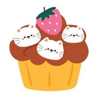 mano disegno cartone animato Cupcake con gatto e fragola. carino cibo e animale scarabocchio per icona e etichetta vettore