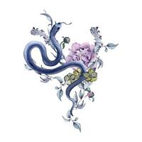 Gotico floreale botanico illustrazione con serpente e fiori mano disegnato. acquerello rosa peonia e elleboro isolato su bianca. floreale decorazione per nero nozze. per invito, San Valentino carta vettore