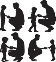 padre Tenere bambino mano silhouette impostare. contento padre giorno simbolo. illustrazione di papà e bambino. padre con il suo figlio su bianca sfondo. vettore
