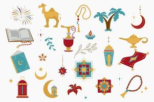 Ramadan vacanza isolato elementi impostato nel piatto design. fascio di corano, cammello, rosario, caffè pentola, candela, palma alberi, mezzaluna Luna, fiore, moschea e altro tradizionale simboli. illustrazione. vettore