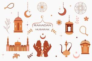 Ramadan mubarak isolato elementi impostato nel piatto design. fascio di preghiera rosario, moschea, mezzaluna Luna, modelli, lanterna con candela, caffè pentola e altro tradizionale simboli. illustrazione. vettore
