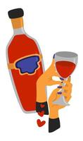 amore vino. bottiglia di rosso vino e donna di mani con bicchiere di rosso vino. isolato illustrazione vettore