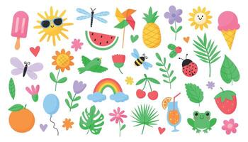 carino estate impostare. estate elementi. insetti, fiori, impianti, frutta, frutti di bosco, sole, arcobaleno, ghiaccio crema, bevande, cibo. mano disegnato illustrazione vettore