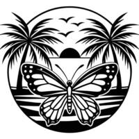 farfalla e palma alberi, tramonto maglietta design illustrazione vettore