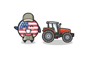 la mascotte dell'agricoltore della bandiera degli stati uniti in piedi accanto a un trattore vettore