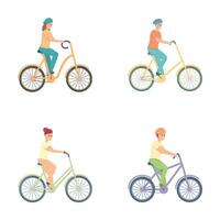 ciclista icone impostato cartone animato . persone assunzione bicicletta cavalcata vettore