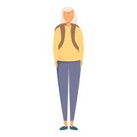 nonna pronto per escursioni a piedi con zaino icona cartone animato . anziano donna vettore