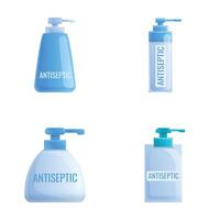 antisettico disinfettante icone impostato cartone animato . spray distributore e bottiglia vettore