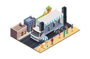 carnevale musica Festival illustrazione concetto 3d isometrico Visualizza festa elementi, autostrada, camion. concerto sfondo e palcoscenico paesaggio. musica evento illustrazione vettore