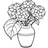 ortensia fiore su il vaso schema illustrazione colorazione libro pagina disegno, ortensia fiore su il vaso nero e bianca linea arte disegno colorazione libro pagine per bambini e adulti vettore