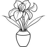 iris fiore su il vaso schema illustrazione colorazione libro pagina disegno, iris fiore su il vaso nero e bianca linea arte disegno colorazione libro pagine per bambini e adulti vettore