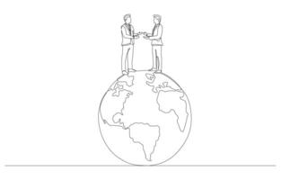 continuo uno linea disegno di Due uomini d'affari in piedi su globo e discutere con ogni Altro, geopolitica concetto, singolo linea arte. vettore