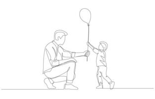 continuo uno linea disegno di padre dando Palloncino per il suo figlio, genitorialità concetto, singolo linea arte. vettore