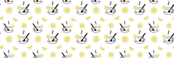 tè senza soluzione di continuità modello con giallo fette di Limone e un' tazza con un' cucchiaio. carino sfondo, Stampa per menu, piatti, confezione, copertine, tovaglioli, tovaglie, sfondo, manifesti, regalo carte, banner vettore