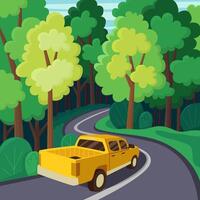 estate viaggio. paesaggio con un' carino Raccogliere auto su il strada. illustrazione nel piatto stile. bellissimo foresta. vettore