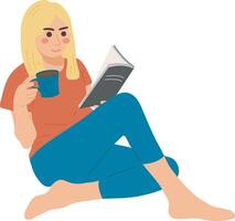 rilassare donna alunno lettura libro con caffè personaggio illustrazione grafico cartone animato arte vettore