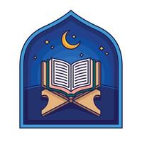 cartone animato Aperto Corano nel stellato notte illustrazione vettore