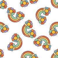 arcobaleno con fiori senza soluzione di continuità modello. illustrazione nel cartone animato stile. 70s retrò clipart design. vettore