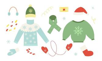 inverno all'aperto Abiti impostato con a maglia maglioni, cappelli e guanti. piatto illustrazione nel cartone animato stile vettore