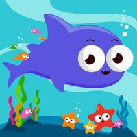 un' carino bambino squalo, colorato pesce e stella marina nuoto sott'acqua. cartone animato squalo e mare animali colorato Immagine. illustrazione sfondo vettore