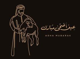traduzione eid adha mubarak nel Arabo linguaggio saluto carta uno linea disegno un' uomo trasporto un' pecora astratto arte vettore