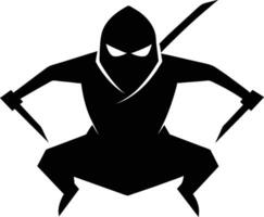 un' nero e bianca disegno di un' ninja seduta su il terra vettore