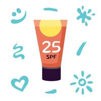 sole protezione, abbronzatura lozione tubo. spiaggia vacanze concetto. piatto disegno, cartone animato spf cosmetico Prodotto con abbronzatura crema colpi. protezione solare bottiglia, barattolo. vettore