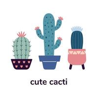 impostato di fioritura cactus, succulente nel pentole. carino cartone animato cactus. scarabocchio stile, piatto design. scandinavo, boho stile. cartolina illustrazione. esotico e tropicale pianta, casa arredamento vettore