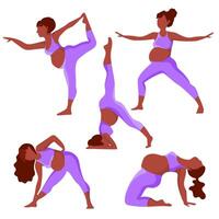 incinta africano americano donne fare yoga e fare asana. yoga per incinta donne, ginnastica e esercizi per Salute. fisico formazione scolastica con il bambino. illustrazione vettore