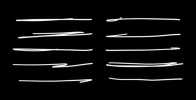 mano disegnato scarabocchiare Linee. veloce attraversato e ondulato sottolinea di penna, matita, marcatore. bianca colpi isolato su nero sfondo. vettore